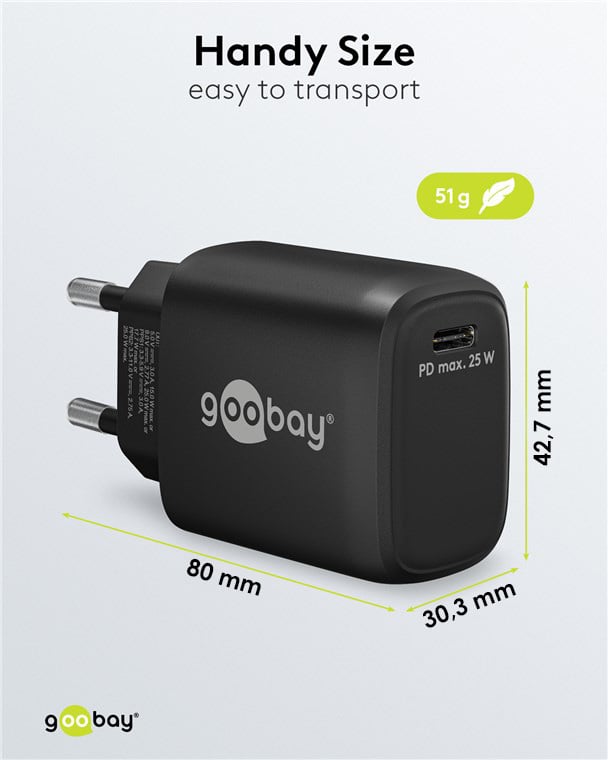 Caricatore Alimentatore GaN USB-C™ PD da Muro 25W Nero - Goobay IPW-USB-G25BK