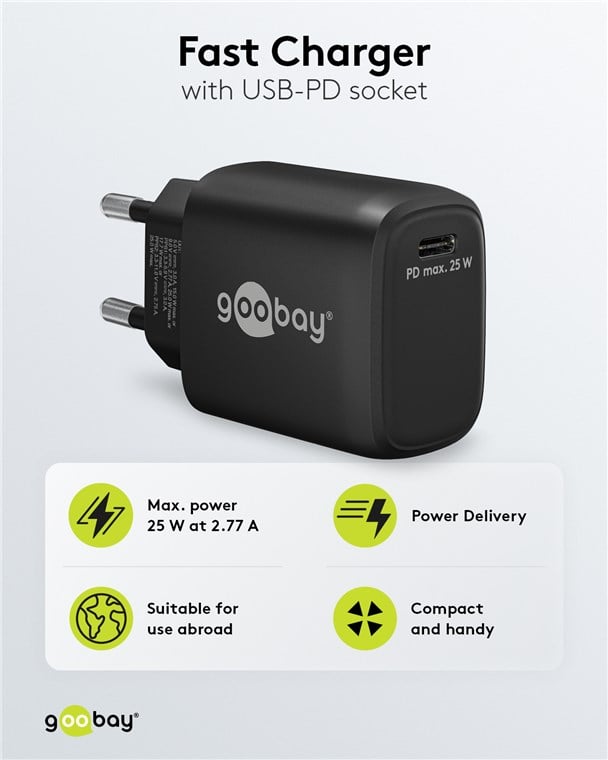 Caricatore Alimentatore GaN USB-C™ PD da Muro 25W Nero - Goobay IPW-USB-G25BK