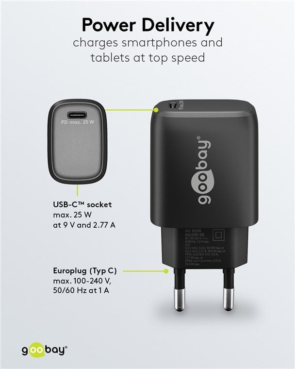Caricatore Alimentatore GaN USB-C™ PD da Muro 25W Nero - Goobay IPW-USB-G25BK
