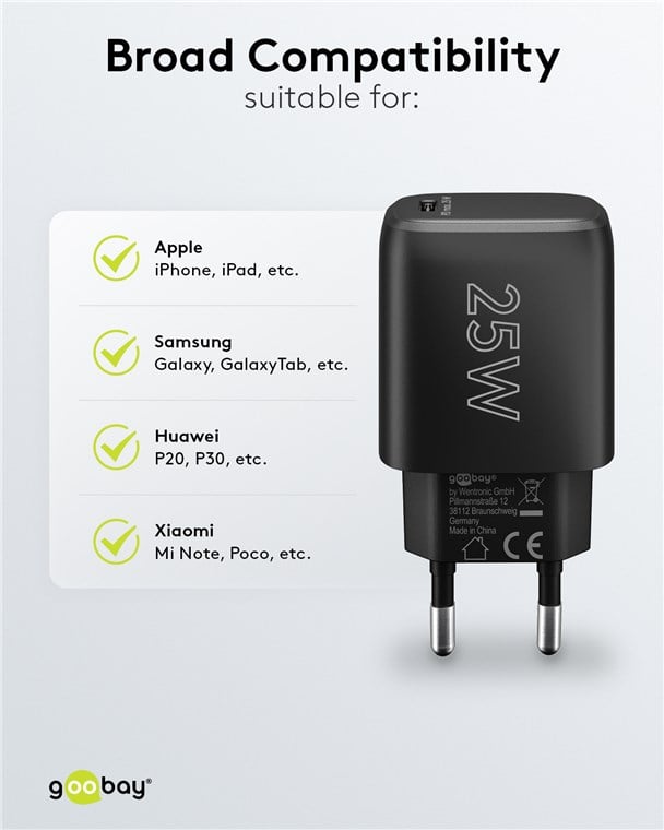 Caricatore Alimentatore GaN USB-C™ PD da Muro 25W Nero - Goobay IPW-USB-G25BK