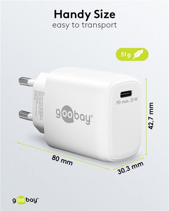Caricatore GaN USB-C PD 25W da Muro Bianco - Goobay IPW-USB-G25WH