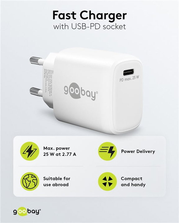 Caricatore GaN USB-C PD 25W da Muro Bianco - Goobay IPW-USB-G25WH