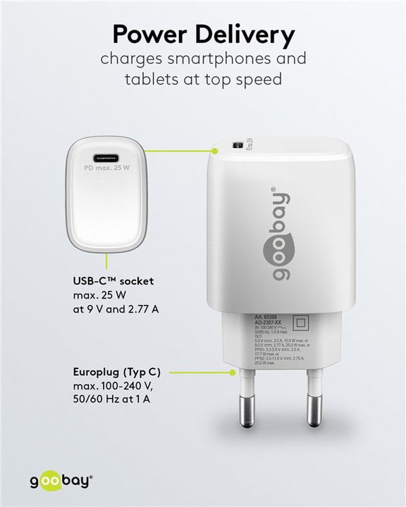 Caricatore GaN USB-C PD 25W da Muro Bianco - Goobay IPW-USB-G25WH