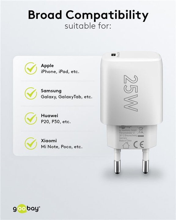 Caricatore GaN USB-C PD 25W da Muro Bianco - Goobay IPW-USB-G25WH
