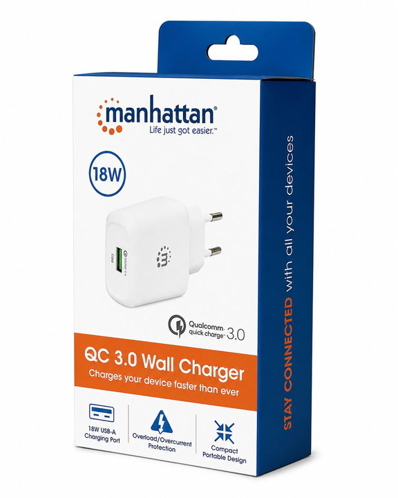 Caricatore USB da Muro QC3.0 18W Quick Charge Bianco - Manhattan IPW-USB-QC3WH
