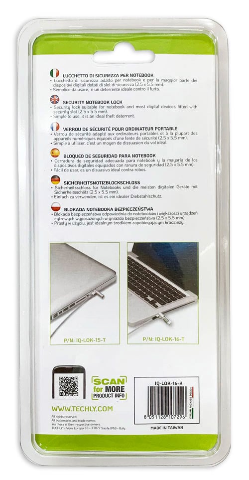Lock for Notebook with Key, Nano Slots - Techly IQ-LOK- 15 -K