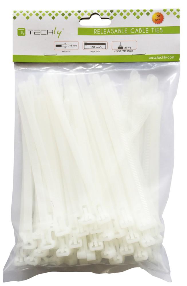 Fascette Fermacavi Riutilizzabili 150x7,6mm in Nylon 100pz Bianco - Techly ISWT-876150