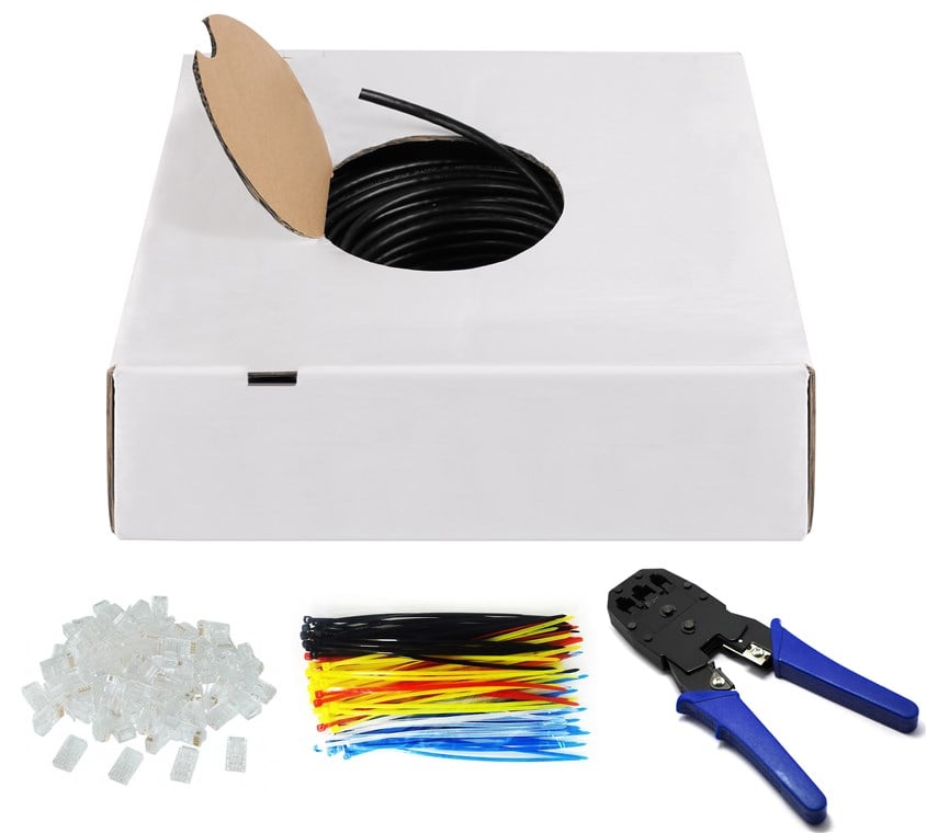 Kit Matassa U/UTP Cavo Cat6 CCA Rigido 305m Fascette e Plug RJ45 - Goobay ITP6-CCA-305KIT
