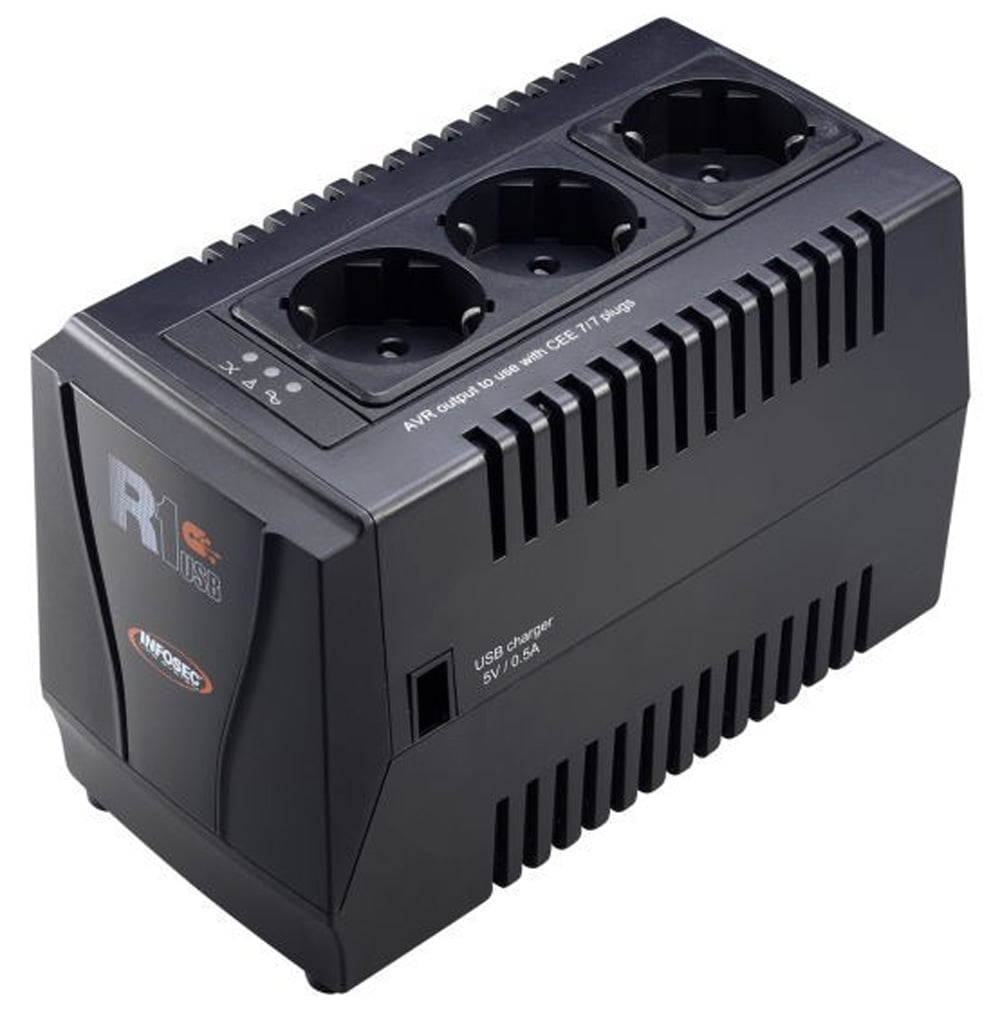 Regolatore automatico di tensione R1 USB 1000VA con 3 Prese Schuko Nero - Infosec IUPS-AVR-1000