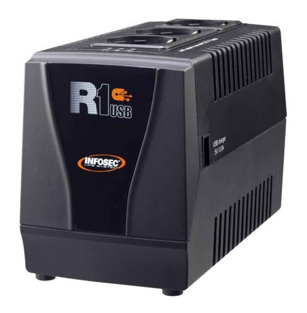 Regolatore automatico di tensione R1 USB 600VA con 3 Prese Schuko Nero - Infosec IUPS-AVR-600