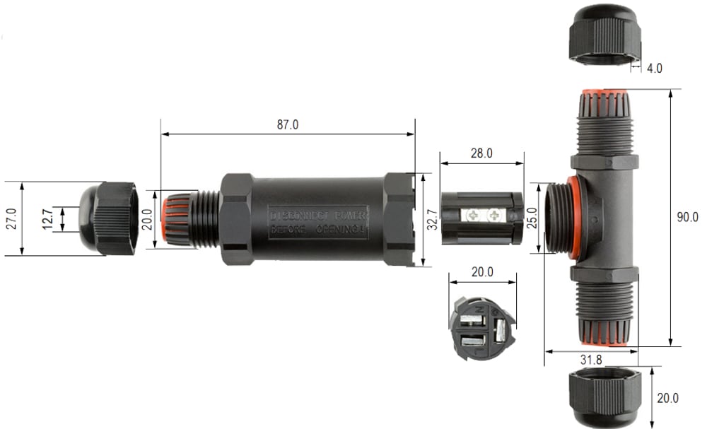 Raccordo di Connessione a T Impermeabile IP68 per Cavo Elettrico - Goobay IUPS-CONNT-IP68