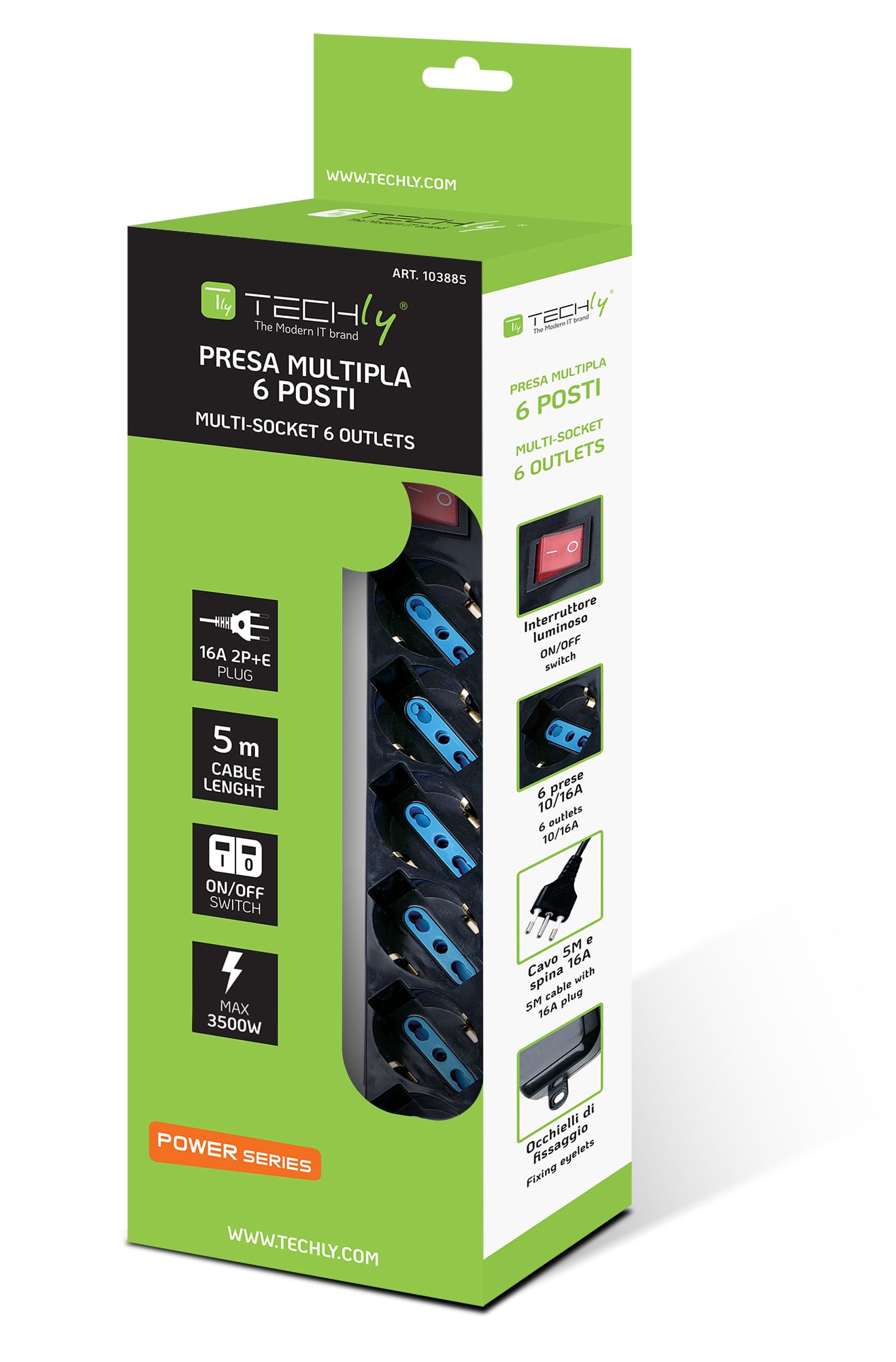 Multipresa 6 Posti Italiana Bipasso con Interruttore Cavo 5m Nero - Techly IUPS-PCP-16BK5
