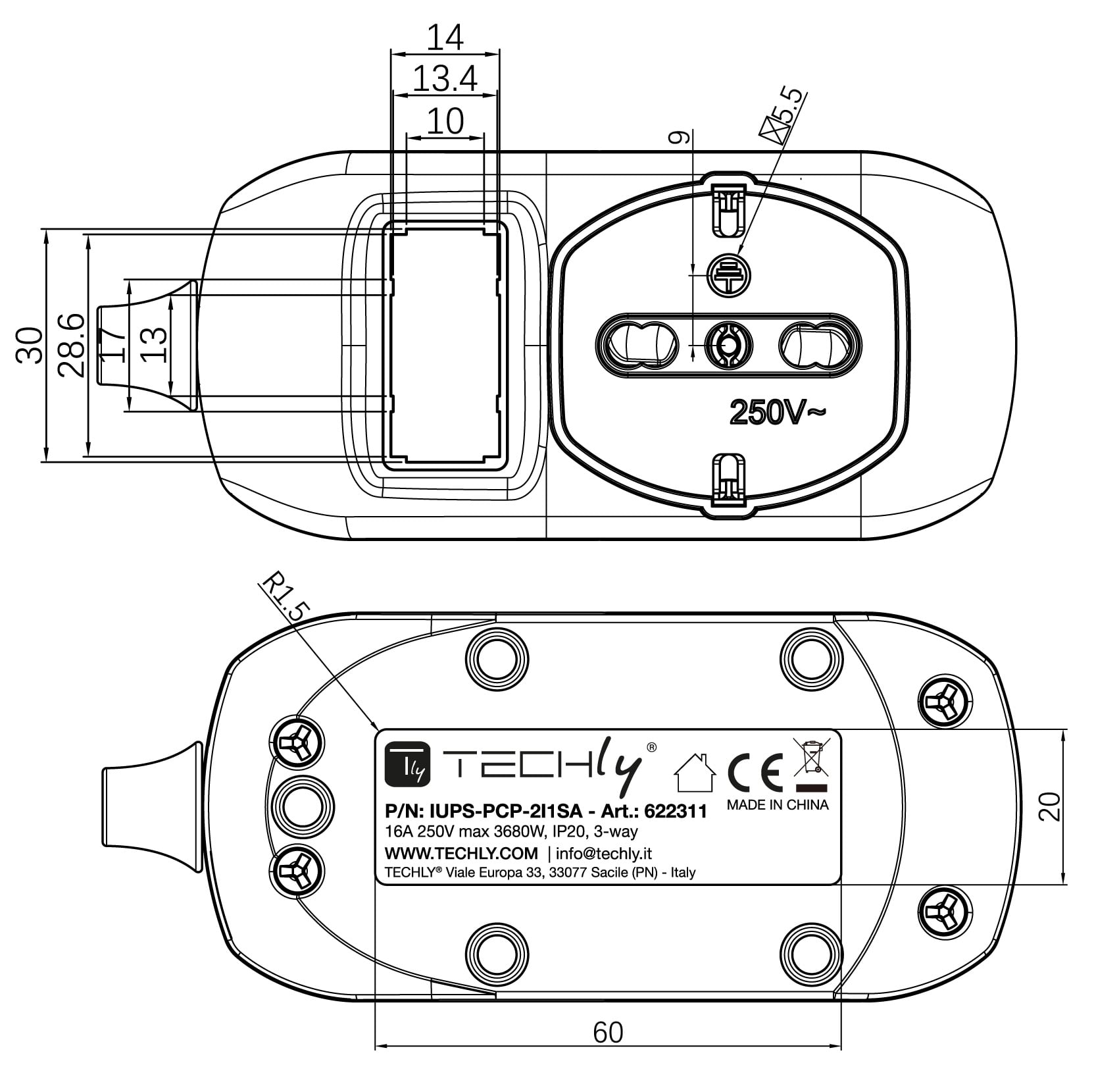 Presa Multipla a 2 Posti 10/16A Bipasso e 1 10/16A Bipasso Schuko con Interruttore - Techly IUPS-PCP-2I1SA