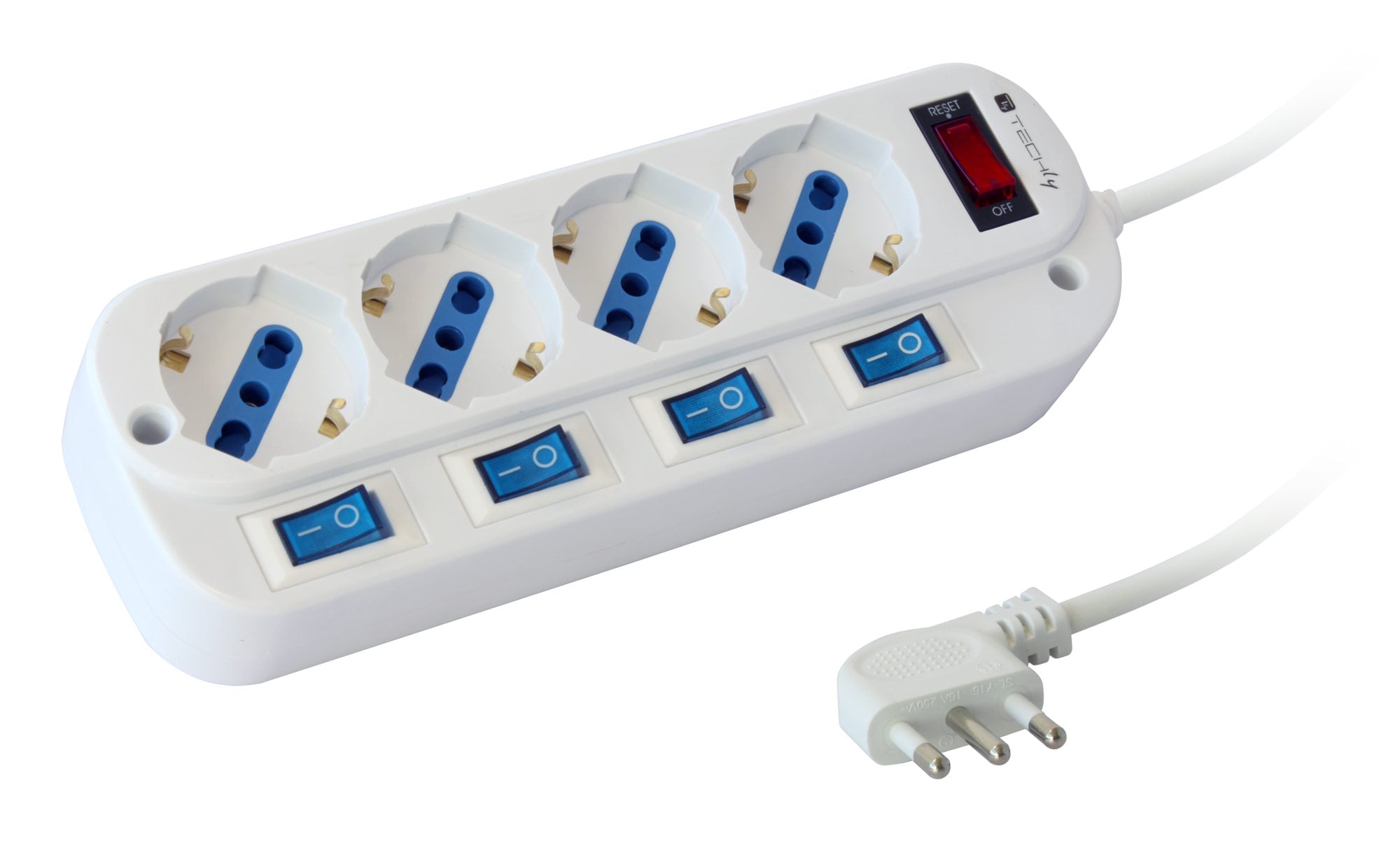 Multipresa 4 Posti Bipasso con Interruttori Indipendenti e Protezione da Sovraccarico - Techly IUPS-PCP-4I-OP