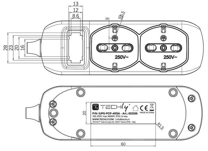 Presa Multipla 6 Uscite 4 Bipasso + 2 Bipasso/Schuko con Interruttore - Techly IUPS-PCP-4I2SA
