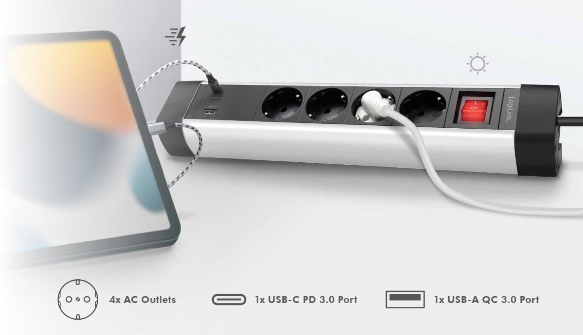 Presa Multipla a 4 vie con Presa USB-C™ PD e USB-A QC per la Ricarica Veloce - Logilink IUPS-PCP-4S1A1C