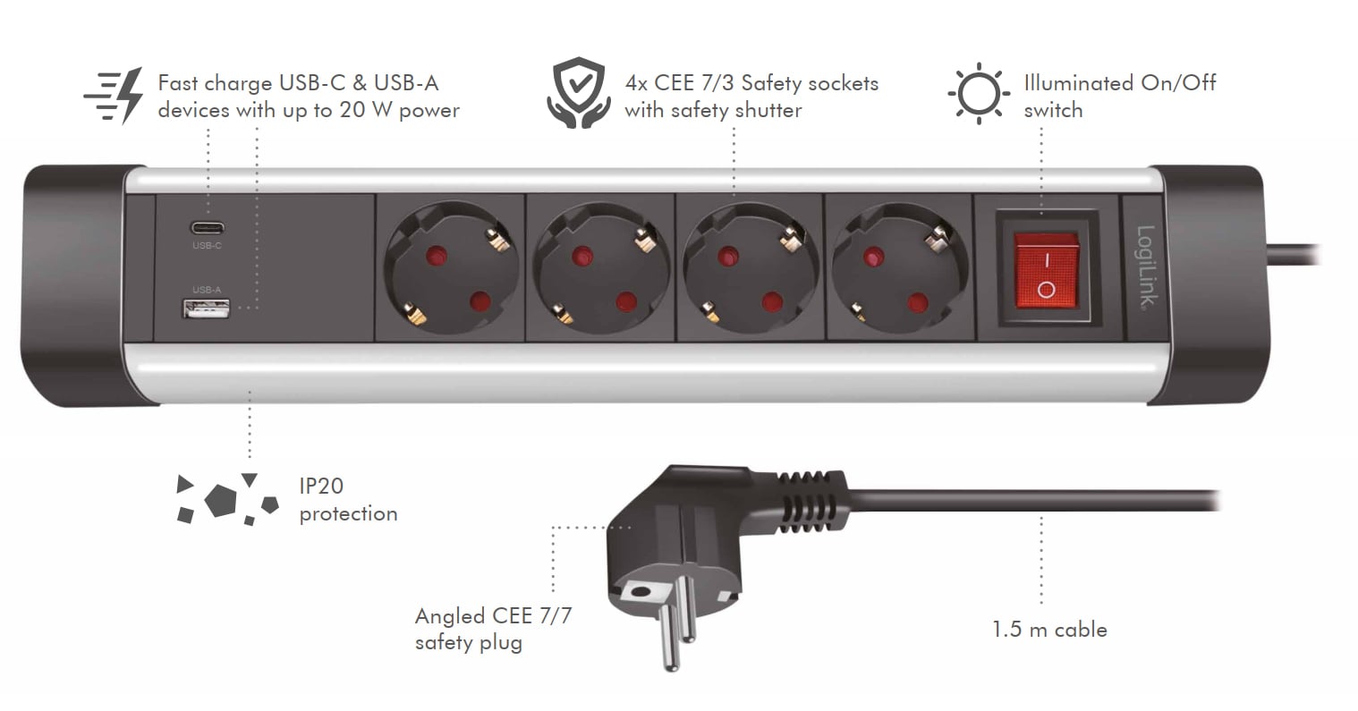 Presa Multipla a 4 vie con Presa USB-C™ PD e USB-A QC per la Ricarica Veloce - Logilink IUPS-PCP-4S1A1C