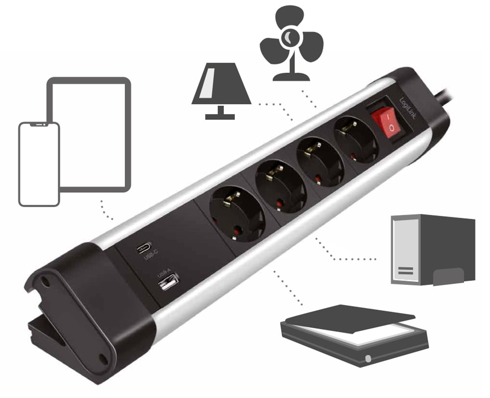 Presa Multipla a 4 vie con Presa USB-C™ PD e USB-A QC per la Ricarica Veloce - Logilink IUPS-PCP-4S1A1C