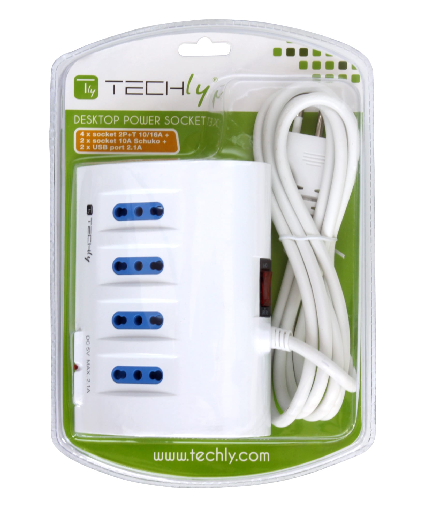 Multipresa da Tavolo 4 prese Italiane Bipasso 2 Schuko e 2 USB Bianca - Techly IUPS-PCP-4UDESK2