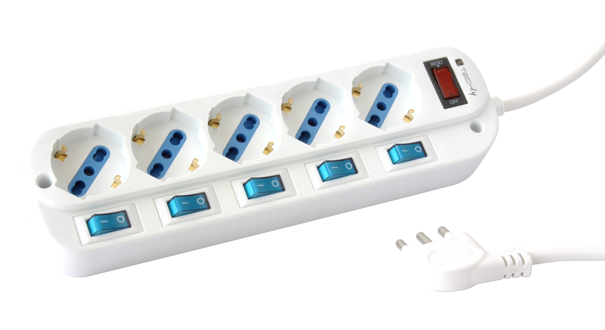 Multipresa 5 Posti Bipasso con Interruttori indipendenti e protezione da sovraccarico - Techly IUPS-PCP-5I-OP