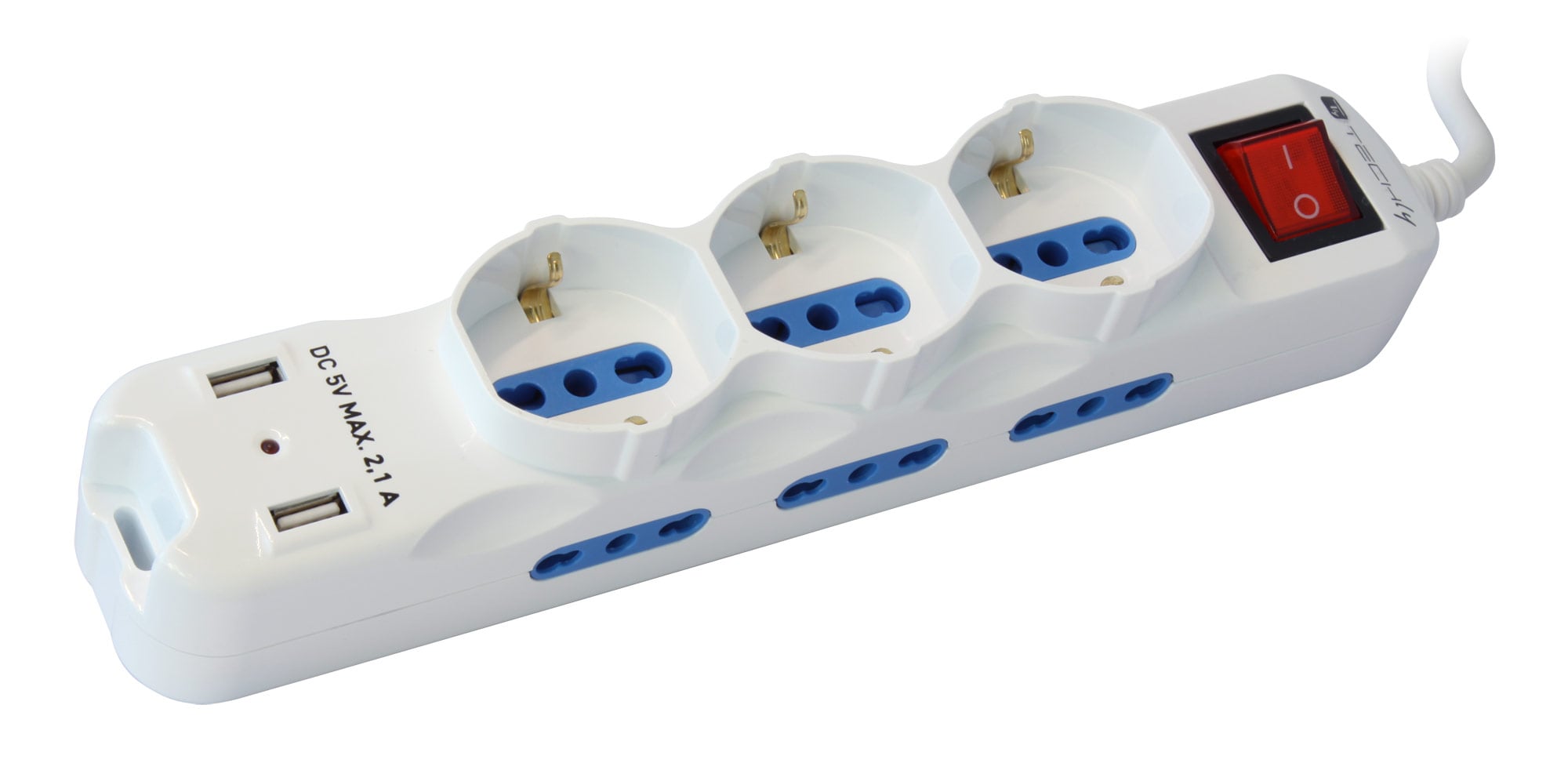 Multipresa 6 Posti Italiana Bipasso con 2 Prese USB Bianca - Techly IUPS-PCP-6I3SU