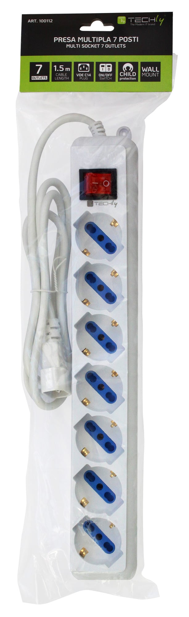 Multipresa 7 Posti Italiana Bipasso con Spina VDE Bianca - Techly IUPS-PCP-7V