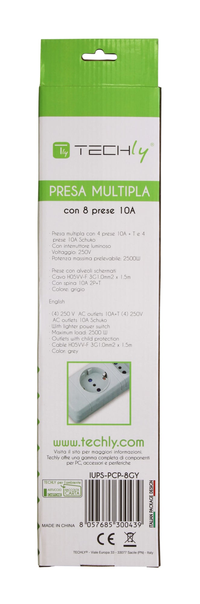 Multipresa 8 Posti Italiana 10A / Schuko Grigio - Techly IUPS-PCP-8GY