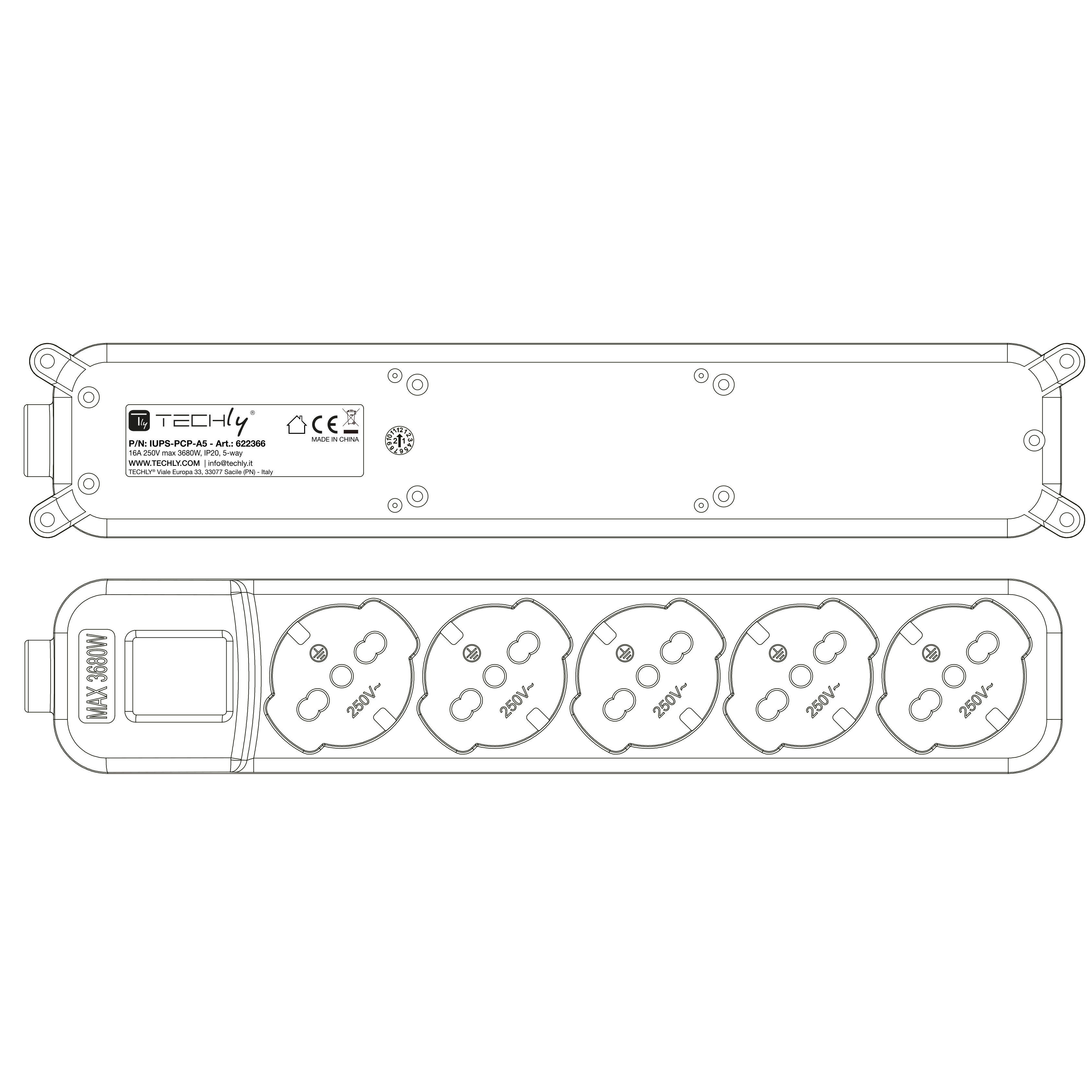 Multipresa 5 Posti Italiana Bipasso / Schuko con spina 16A angolata - Techly IUPS-PCP-A5