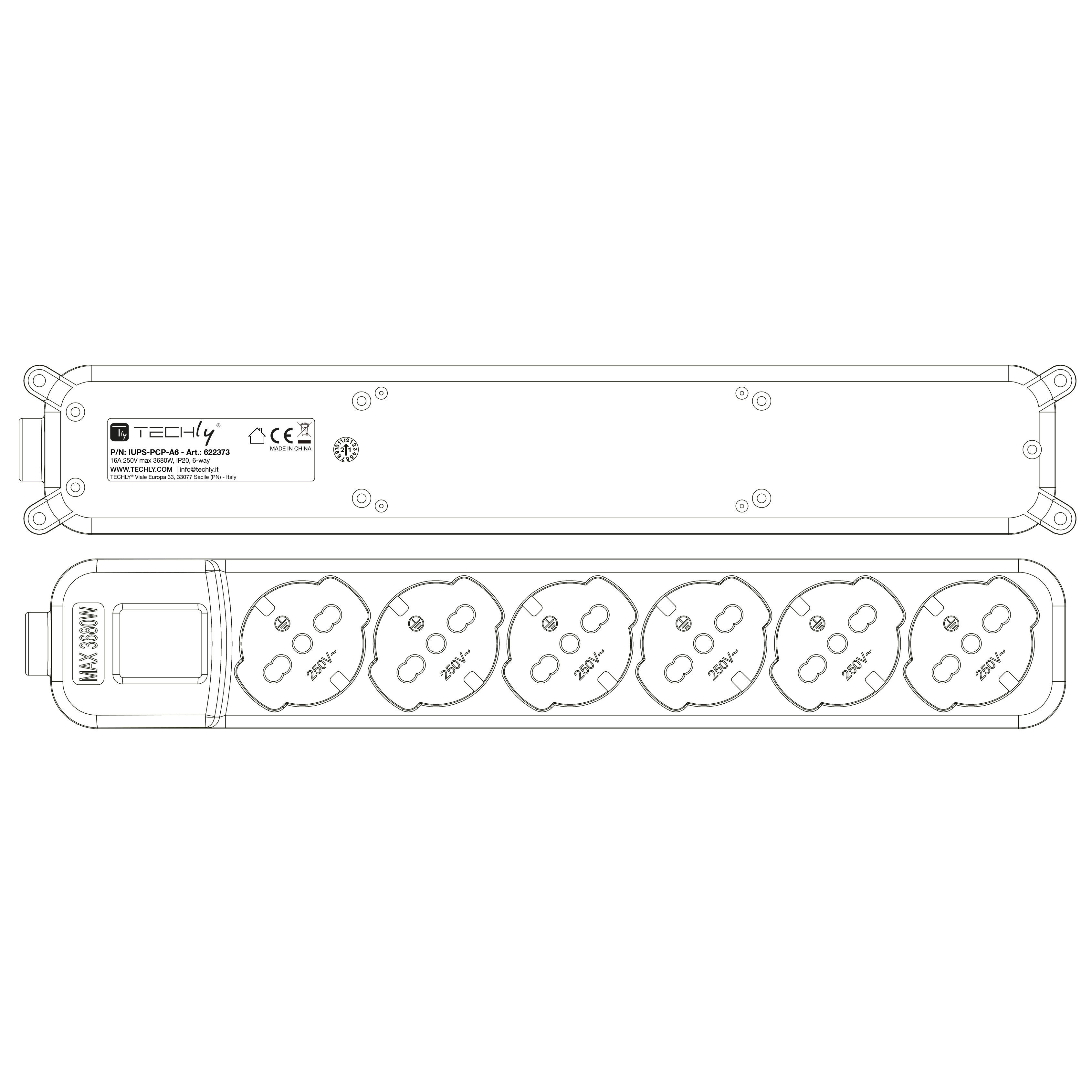 Multipresa 6 Posti Italiana Bipasso / Schuko con spina 16A angolata - Techly IUPS-PCP-A6