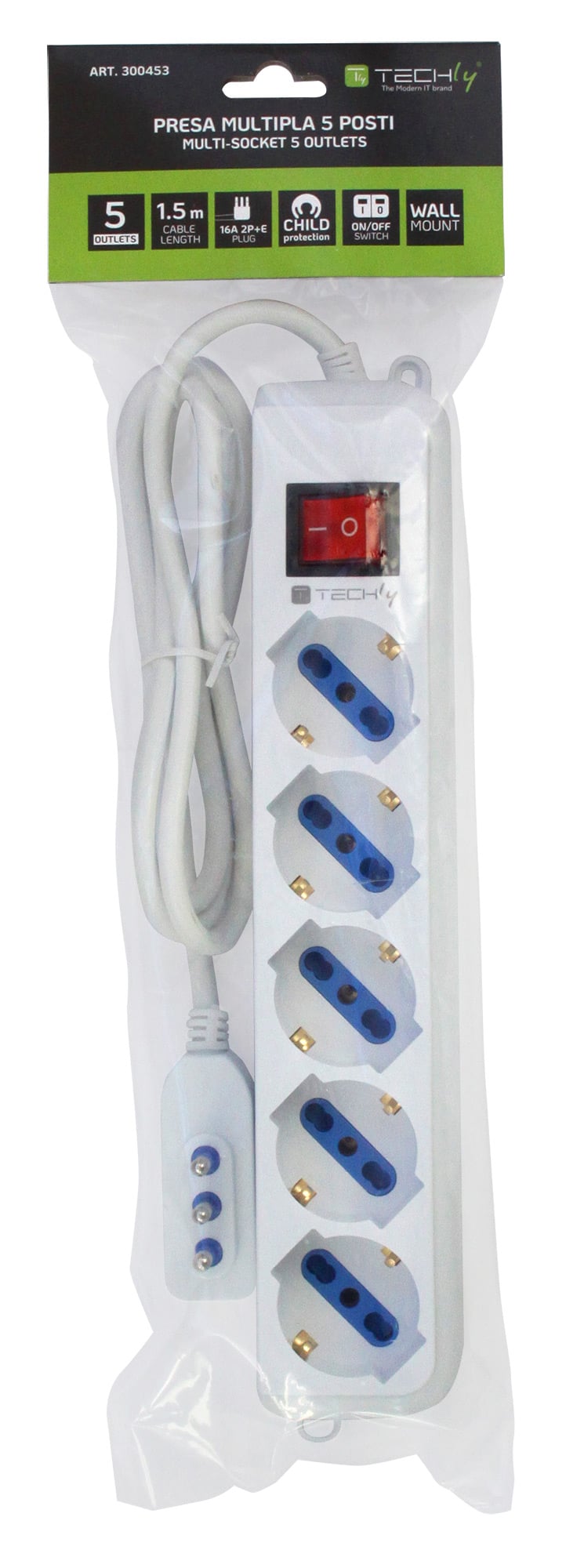 Multipresa 5 Posti Italiana Bipasso / Schuko Spina Angolata - Techly IUPS-PCP-ANG