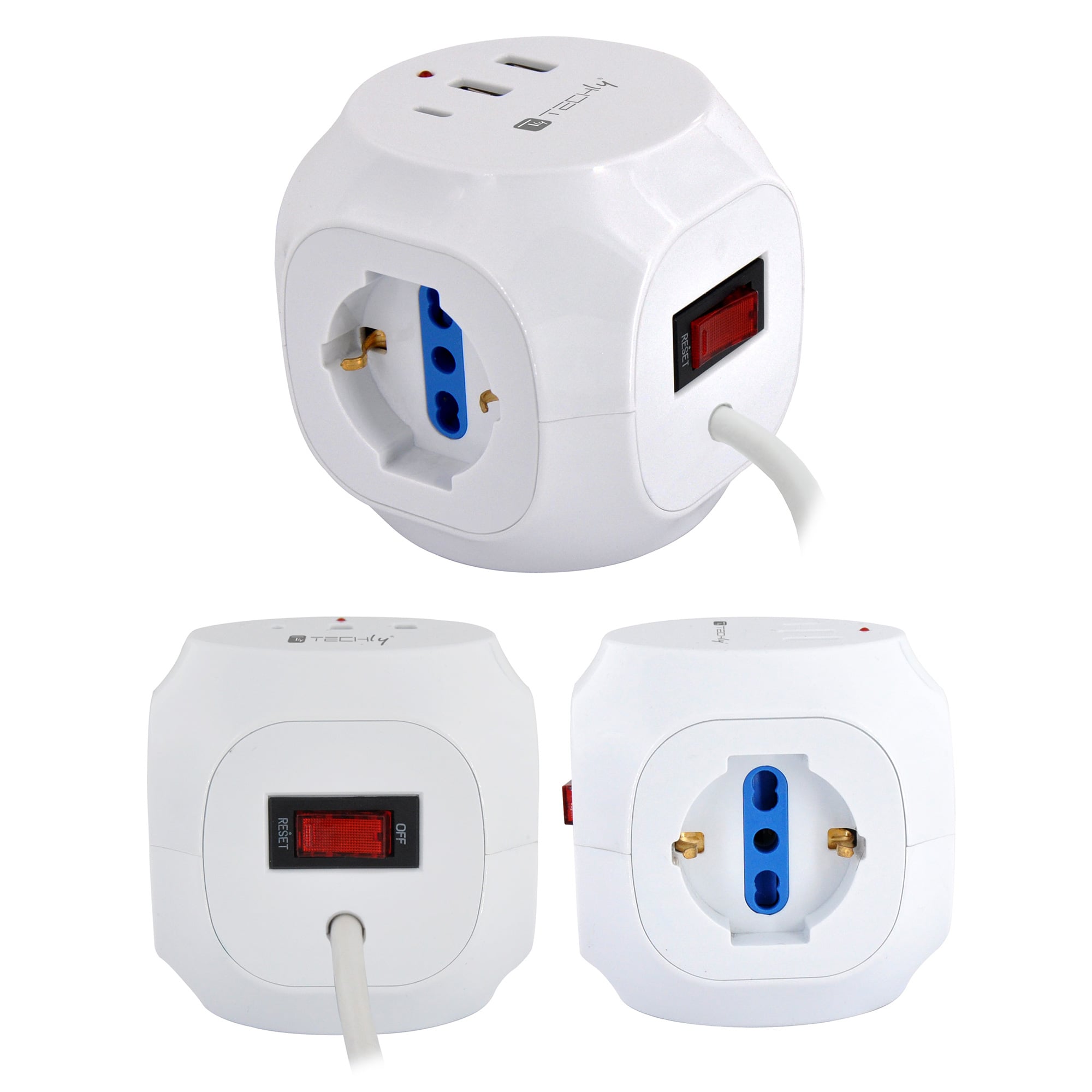 Multipresa a Cubo 3 Posti con 2 Porte USB-A e 1 USB-C™ QC3.0 - Techly IUPS-PCP-CUBE-3PUSB