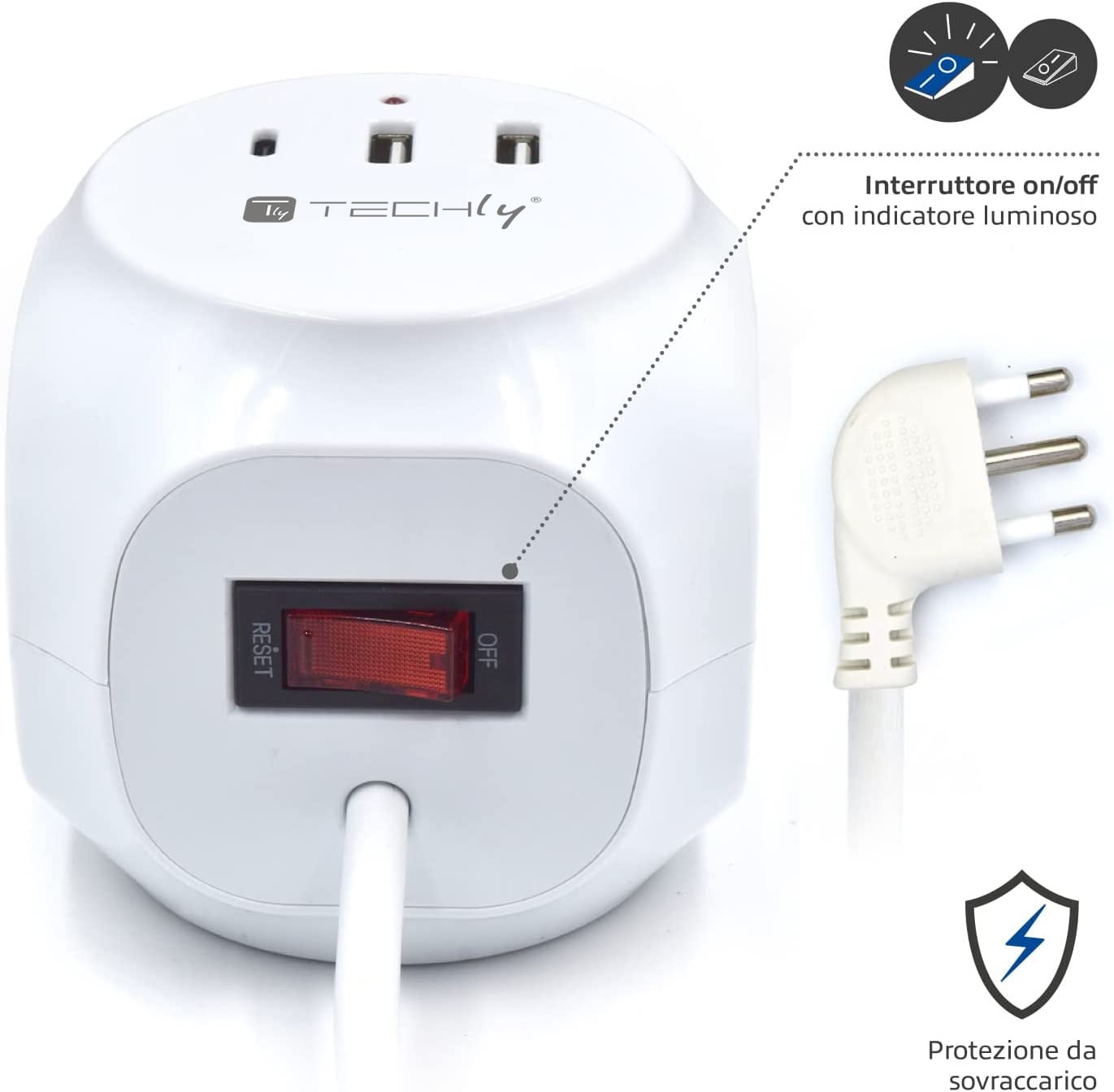 Multipresa a Cubo 3 Posti con 2 Porte USB-A e 1 USB-C™ QC3.0 - Techly IUPS-PCP-CUBE-3PUSB