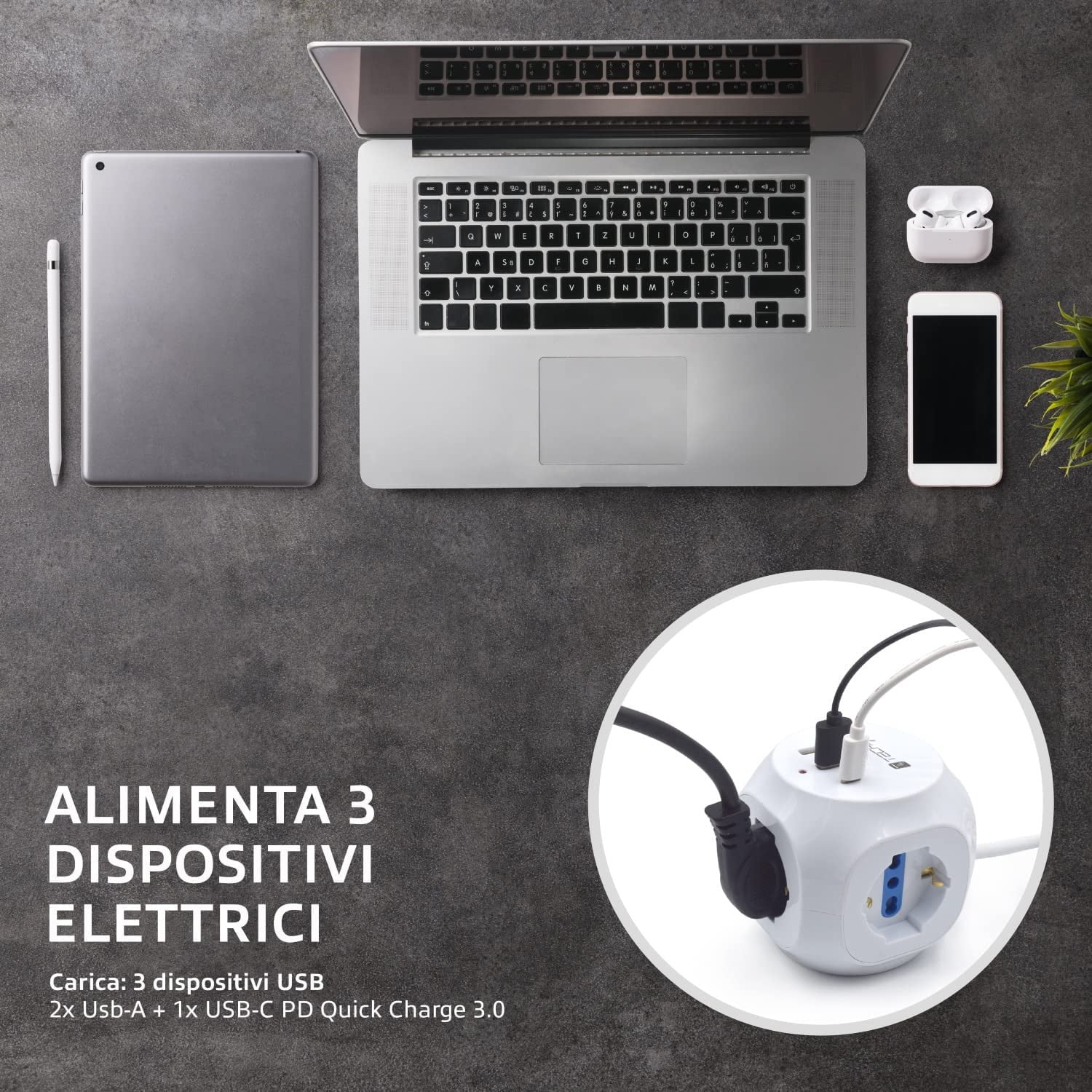 Multipresa a Cubo 3 Posti con 2 Porte USB-A e 1 USB-C™ QC3.0 - Techly IUPS-PCP-CUBE-3PUSB