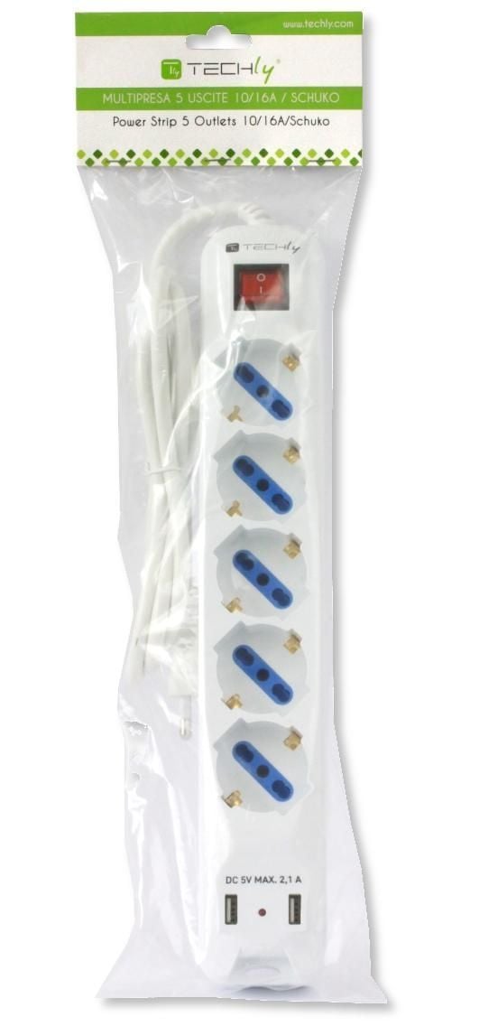 Multipresa 5 Posti Italiana Bipasso con 2 Prese USB - Techly IUPS-PCP-LC2U
