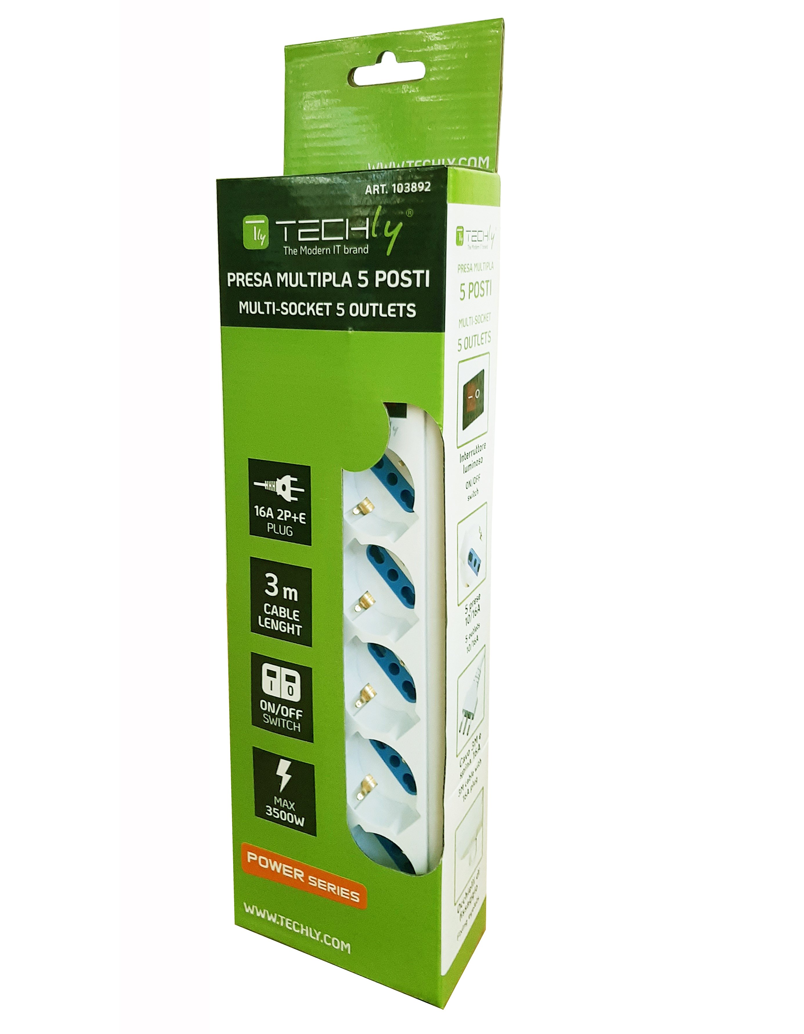 Multipresa 5 Posti Italiana Bipasso / Schuko Cavo 3m - Techly IUPS-PCP-LC3