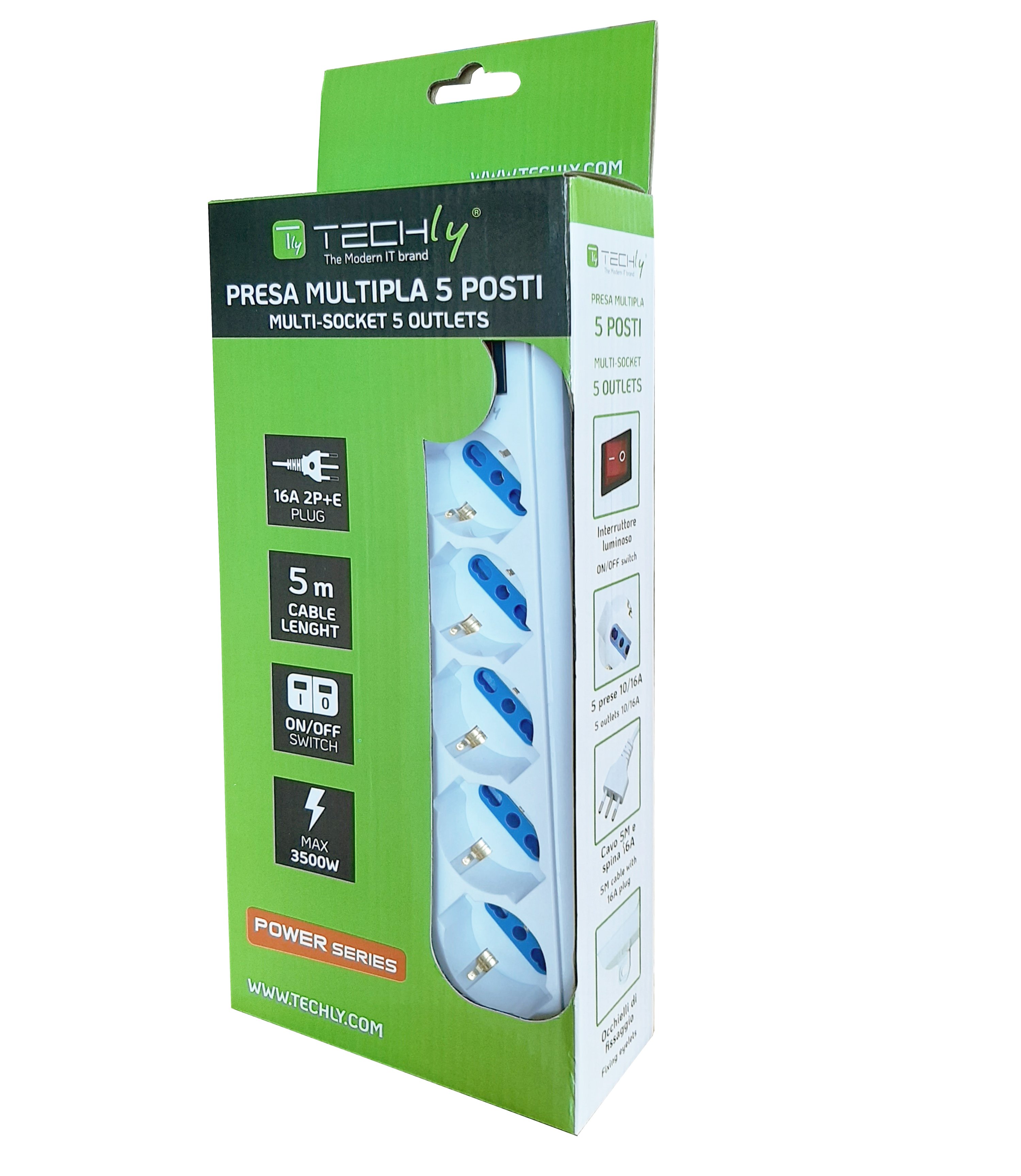 Multipresa 5 Posti Italiana Bipasso / Schuko Cavo 5m - Techly IUPS-PCP-LC5