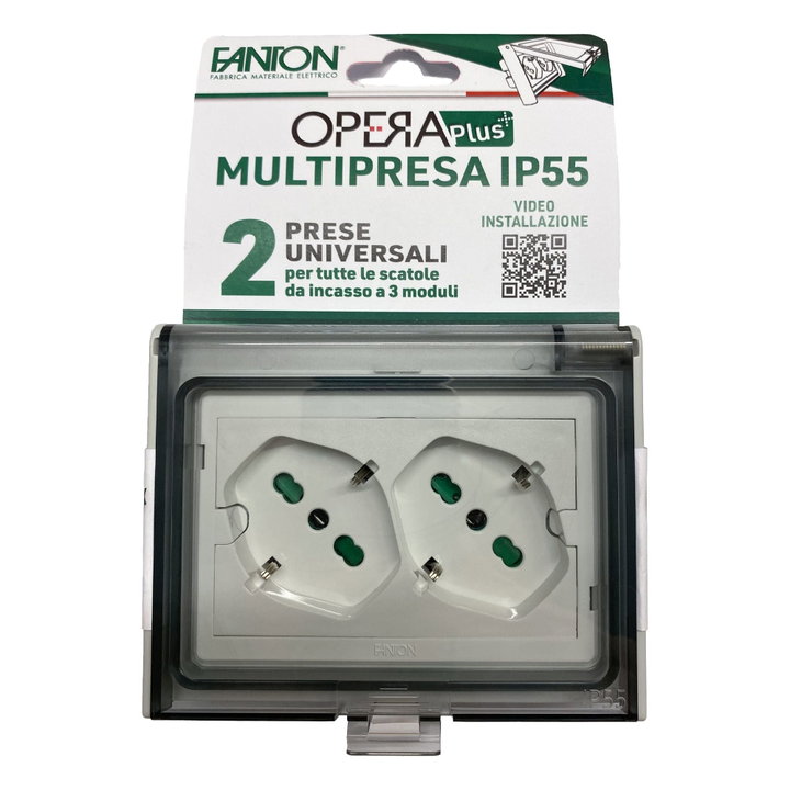 Multipresa Universale IP55 da Incasso con Doppia Presa Bipasso Italiana Schuko Precablata - FME IUPS-PCP-OPE55IN