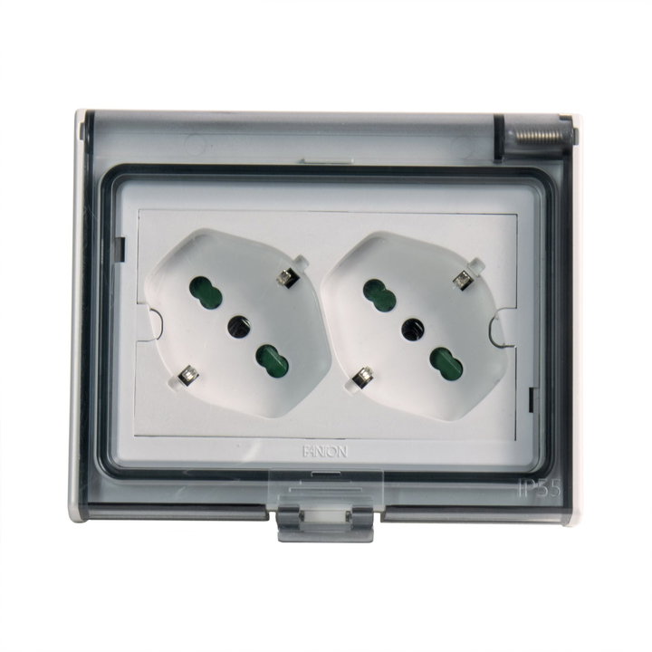 Multipresa Universale IP55 da Incasso con Doppia Presa Bipasso Italiana Schuko Precablata - FME IUPS-PCP-OPE55IN