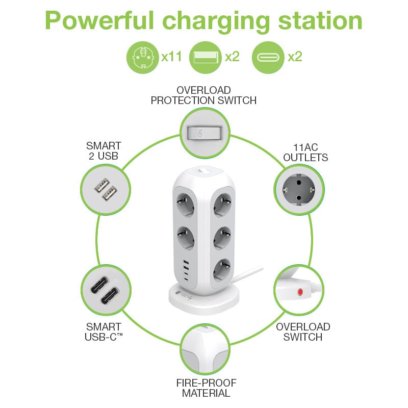 Multipresa da Tavolo Torretta di Alimentazione 11 Prese Schuko 2 USB-A e 2 USB-C™ - Techly IUPS-PCP-TOWER01