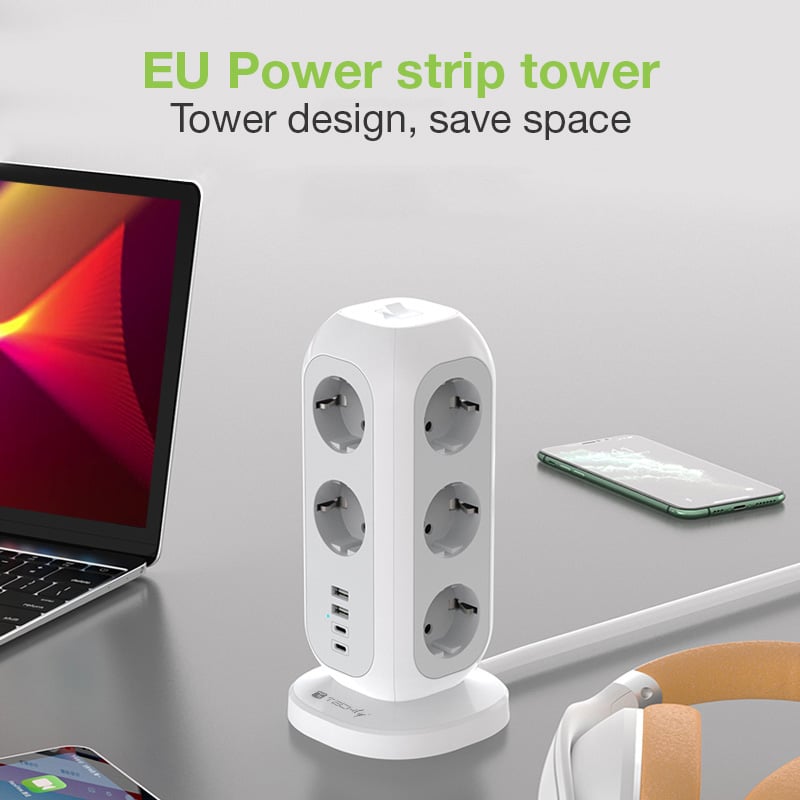 Multipresa da Tavolo Torretta di Alimentazione 11 Prese Schuko 2 USB-A e 2 USB-C™ - Techly IUPS-PCP-TOWER01