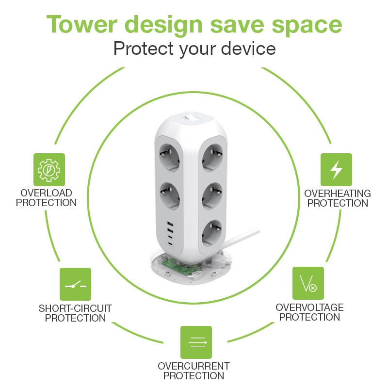 Multipresa da Tavolo Torretta di Alimentazione 11 Prese Schuko 2 USB-A e 2 USB-C™ - Techly IUPS-PCP-TOWER01
