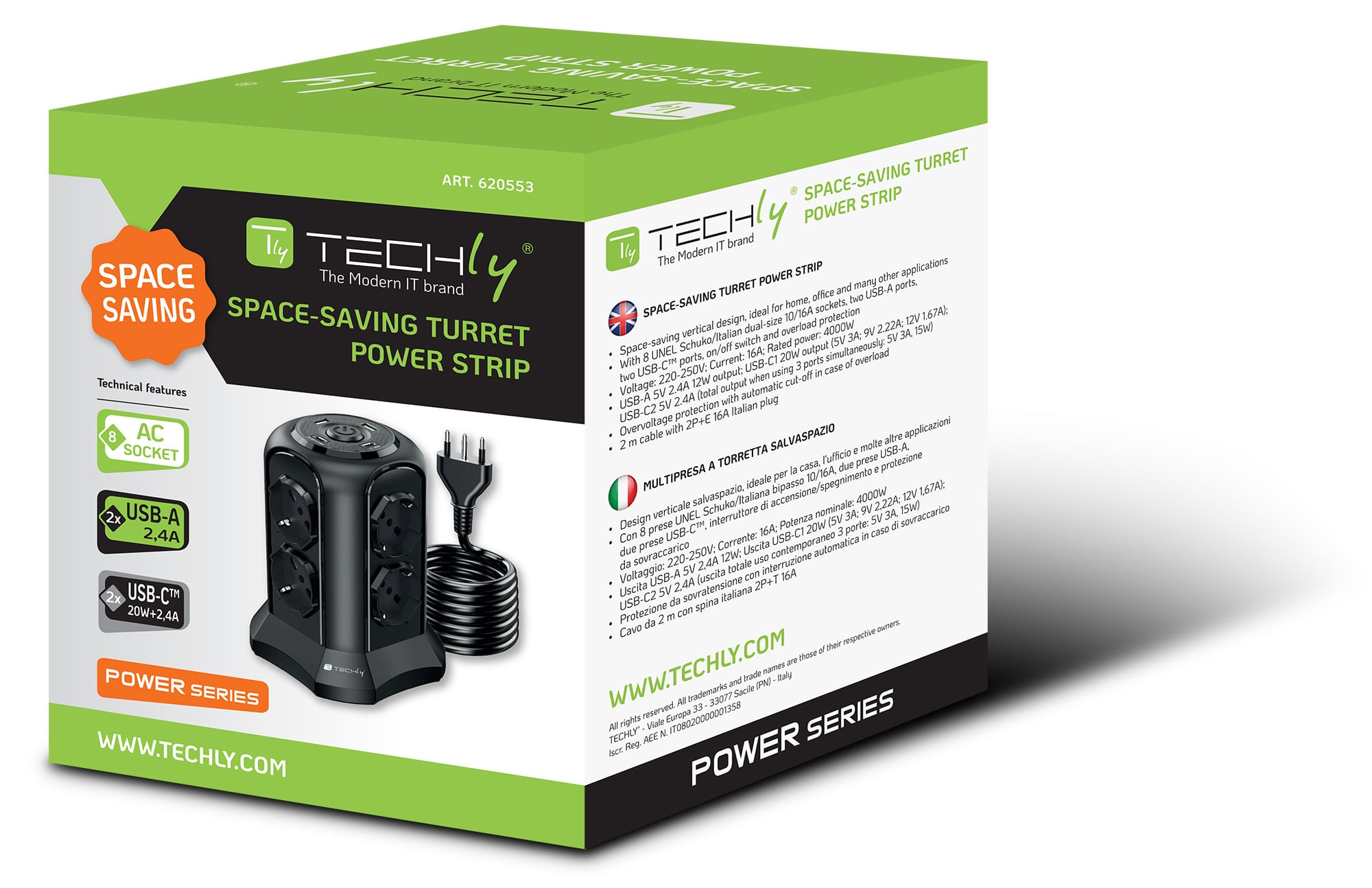 Multipresa da Tavolo a Torretta Salvaspazio 8 Posti Italiana Bipasso / Schuko 2 USB-A e 2 USB-C™ - Techly IUPS-PCP-TOWER02