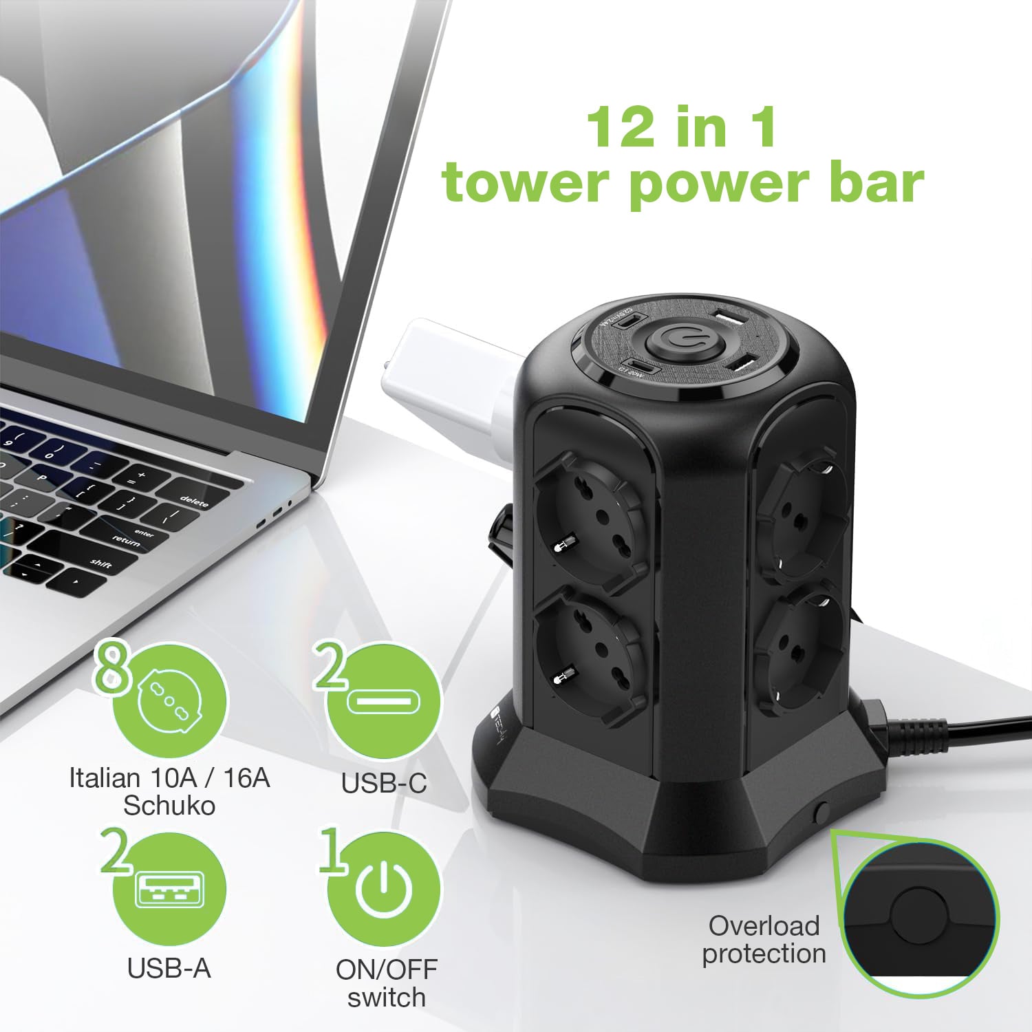 Multipresa da Tavolo a Torretta Salvaspazio 8 Posti Italiana Bipasso / Schuko 2 USB-A e 2 USB-C™ - Techly IUPS-PCP-TOWER02