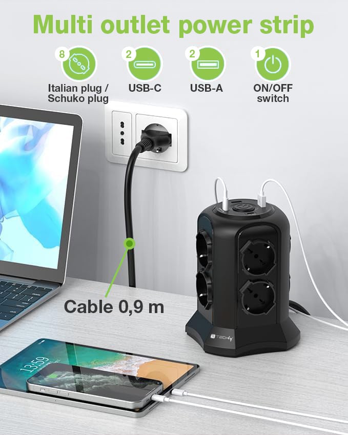 Multipresa da Tavolo a Torretta Salvaspazio 8 Posti Italiana Bipasso / Schuko 2 USB-A e 2 USB-C™ - Techly IUPS-PCP-TOWER02