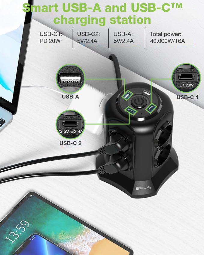 Multipresa da Tavolo a Torretta Salvaspazio 8 Posti Italiana Bipasso / Schuko 2 USB-A e 2 USB-C™ - Techly IUPS-PCP-TOWER02