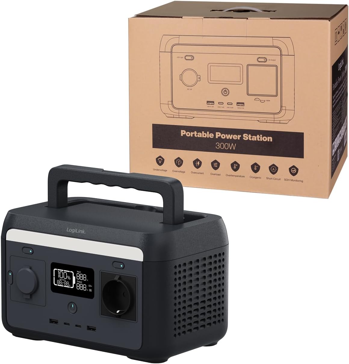 Stazione di Alimentazione Portatile 300W LiFePO4 Batteria Ricarica Solare - Logilink IUPS-PPS300