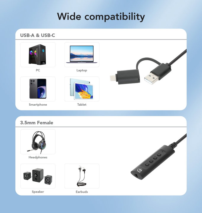 Cable Adapter 2 -in- 1 from USB-C/USB-A to Audio Stereo 3,5 mm - Manhattan IUSB-DAC-COMBO