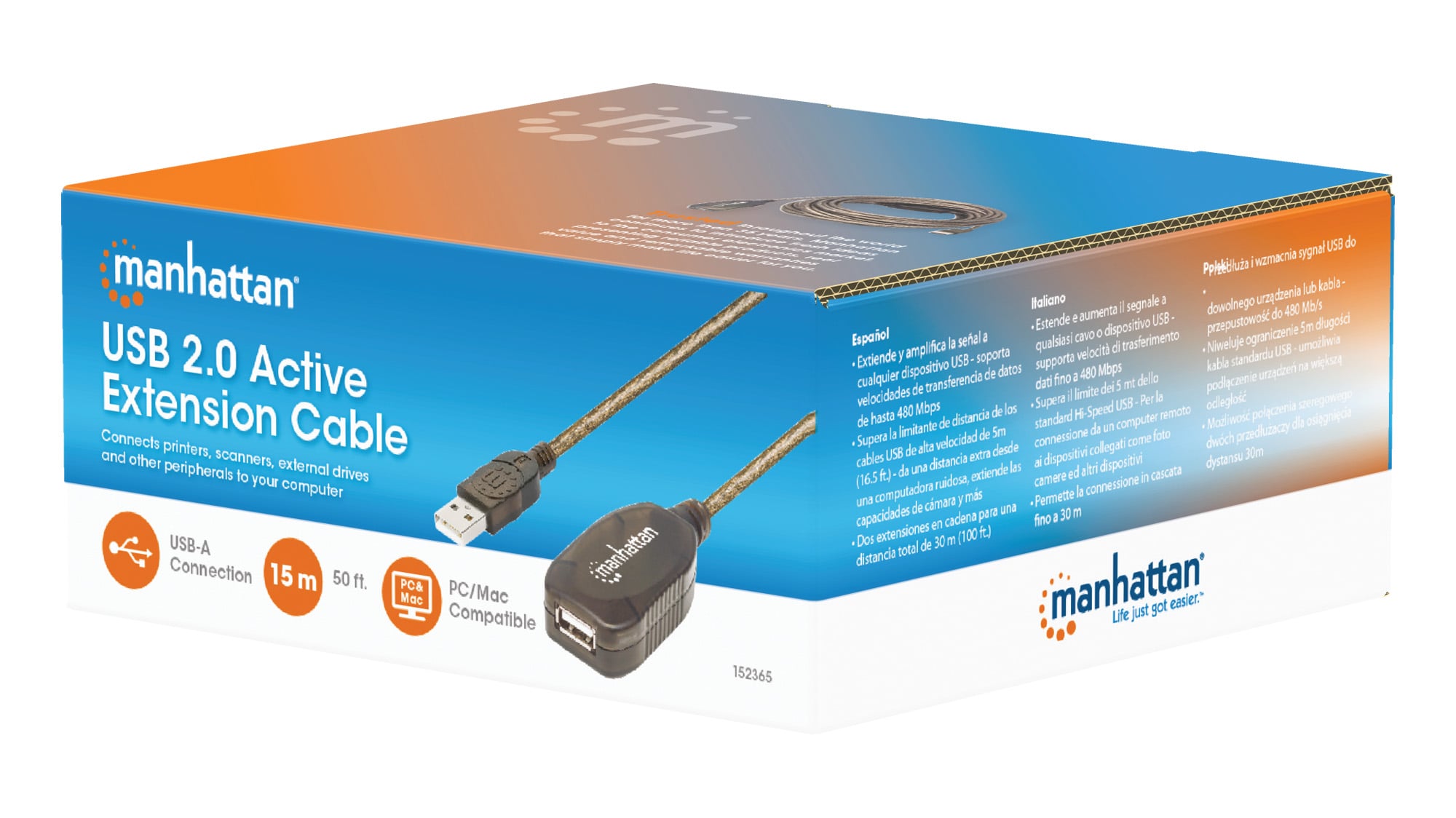 Active USB Extension Cable 2.0 Hi-Speed 15m - Manhattan IUSB-REP15