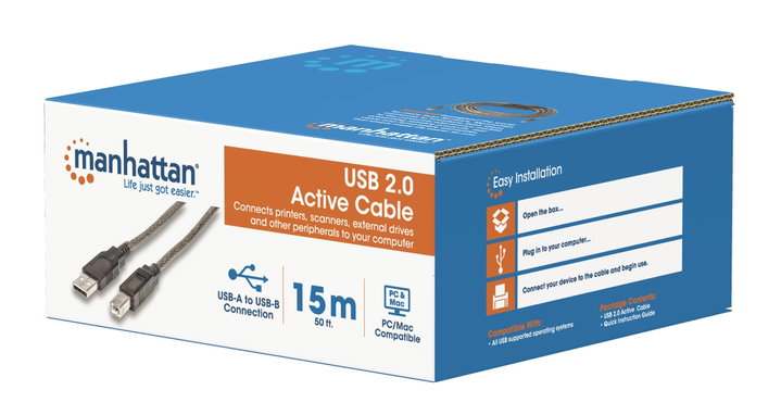 Cavo Prolunga Attivo USB 2.0 Hi-Speed A M / B M 15m Nero - Manhattan IUSB-REP15AB