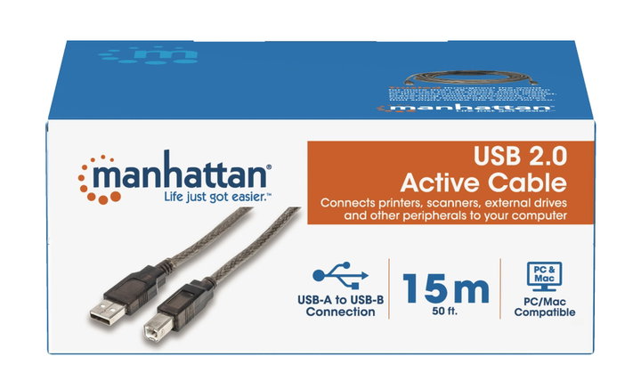 Cavo Prolunga Attivo USB 2.0 Hi-Speed A M / B M 15m Nero - Manhattan IUSB-REP15AB